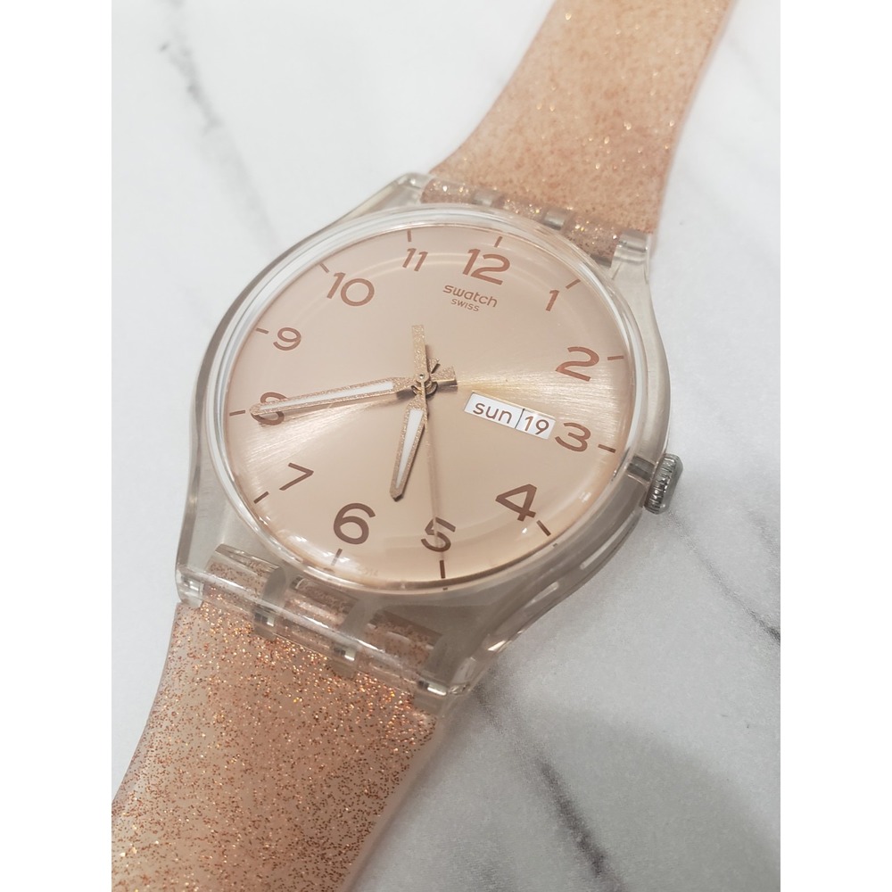 Swatch PINK GLISTAR Big Face 41mm Watch SUOK703 Rose Gold